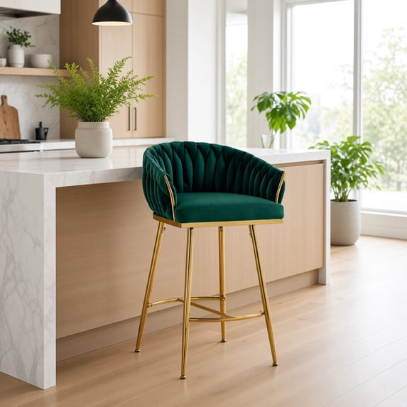 26" Counter Height Bar Stool, Velvet Upholstered with Hand-Wave Back, Golden Chrome Base & Footrest, Modern Kitchen Island Stool, Green
