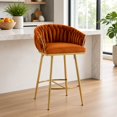thumbnail image 1 of 26" Counter Height Bar Stool, Velvet Upholstered with Hand-Wave Back, Golden Chrome Base & Footrest, Modern Kitchen Island Stool, Orange, 1 of 8