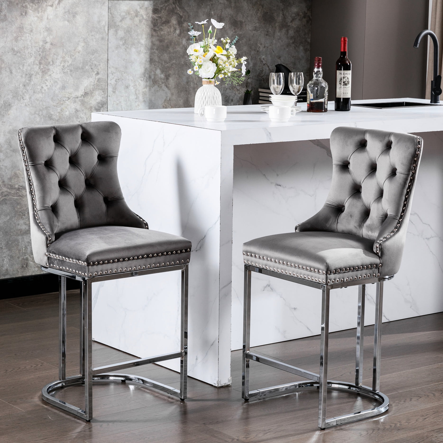 26" Counter Height Bar Stools (2 Pack), Gray Velvet, Button Back ...