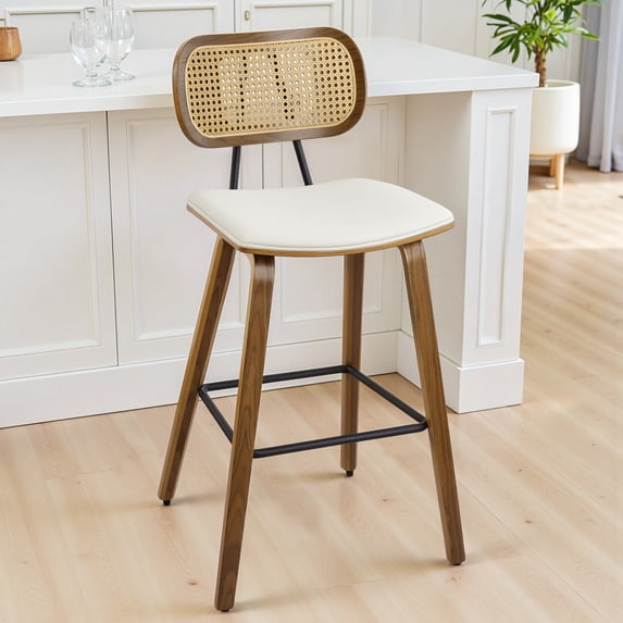 WOOW DEPOT 26" Counter Height Bar Stool Set of 1, w/ Rattan Mid Back Upholstered Modern PU Wooden Stool Barstool Chair for Kitchen Island Pub