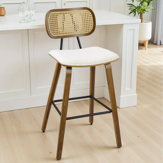26" Counter Height Bar Stools with Rattan Back Set of 1, Mid Century Modern Wooden Stool Boucle Fabric Upholstered Bar Chair for Kitchen Island Dining Room