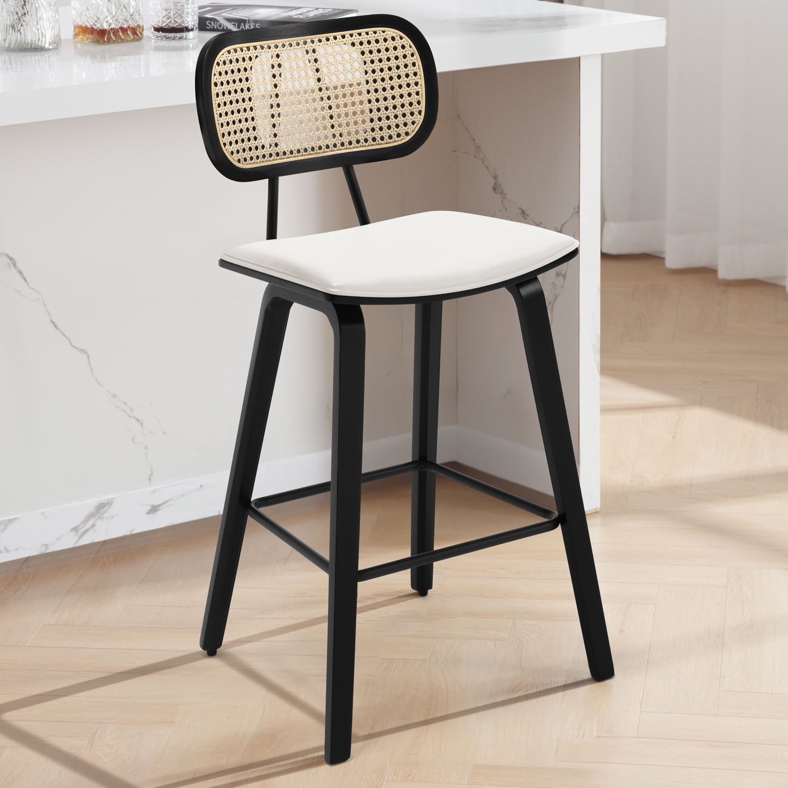 WOOW DEPOT PU Bar Stools 26" Counter Height w/ Rattan Back Set of 1, Modern Black Bent Wood Bartool Leather Upholstered Chair for Kitchen Pub Island Dining Room