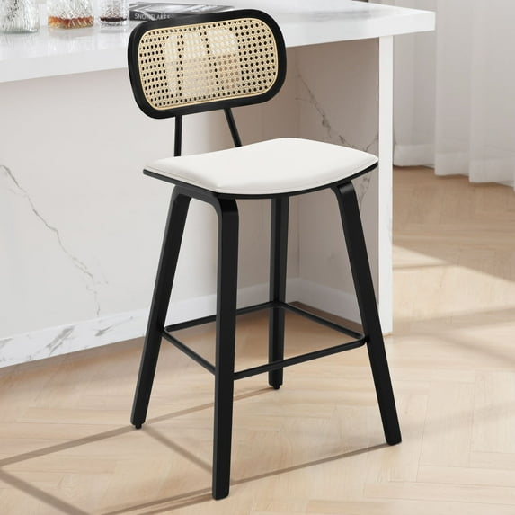 WOOW DEPOT PU Bar Stools 26" Counter Height w/ Rattan Back Set of 1, Modern Black Bent Wood Bartool Leather Upholstered Chair for Kitchen Pub Island Dining Room