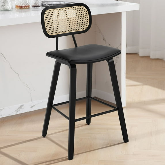 WOOW DEPOT PU Bar Stools 26" Counter Height w/ Rattan Back Set of 1, Modern Black Bent Wood Bartool Leather Upholstered Chair for Kitchen Pub Island Dining Room