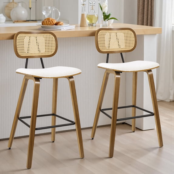 26" Counter Height Bar Stools with Rattan Back Set of 2, Mid Century Modern Wooden Stool Boucle Fabric Upholstered Bar Chair for Kitchen Island Dining Room