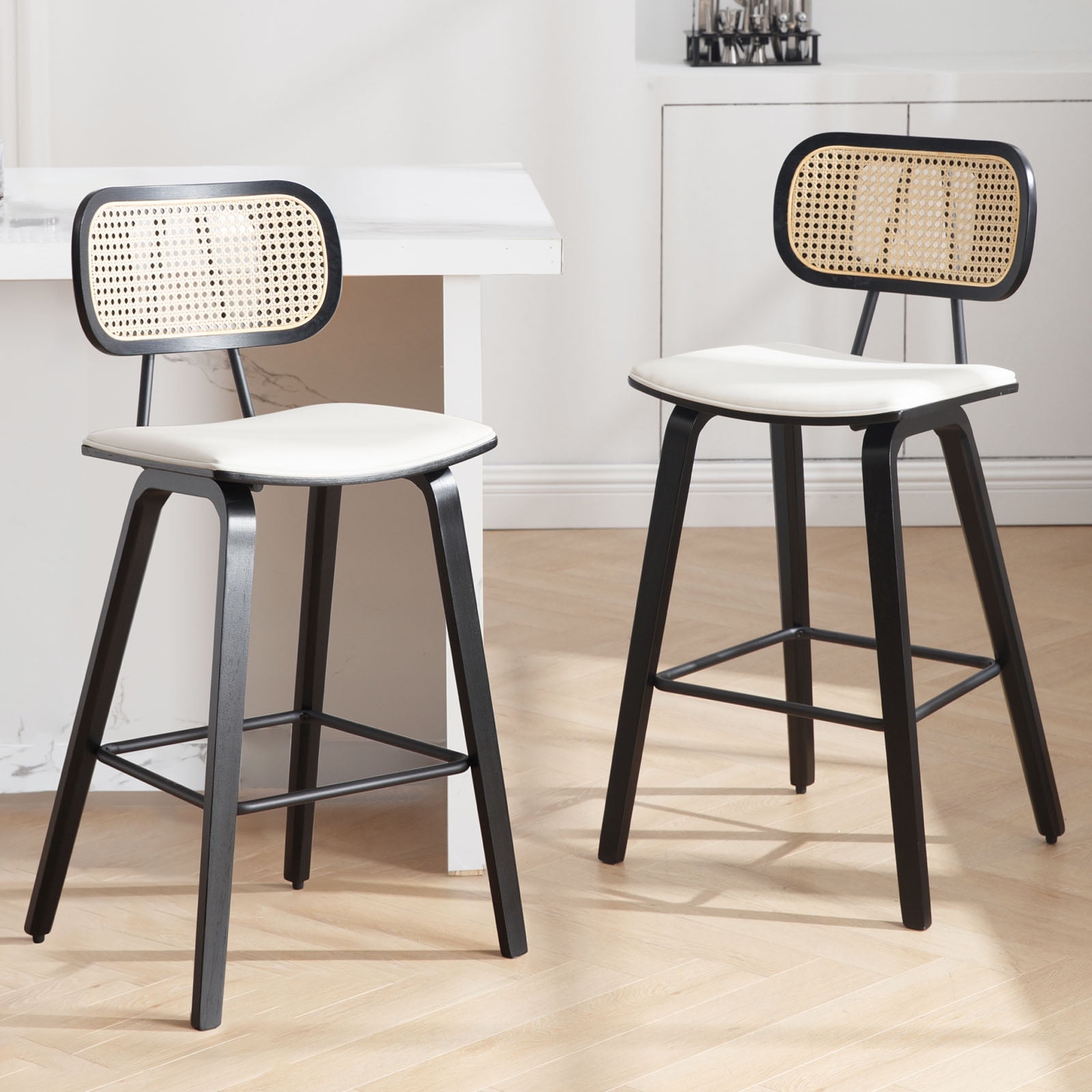 WOOW DEPOT PU Bar Stools 26" Counter Height w/ Rattan Back Set of 2, Modern Black Bent Wood Bartool Leather Upholstered Chair for Kitchen Pub Island Dining Room