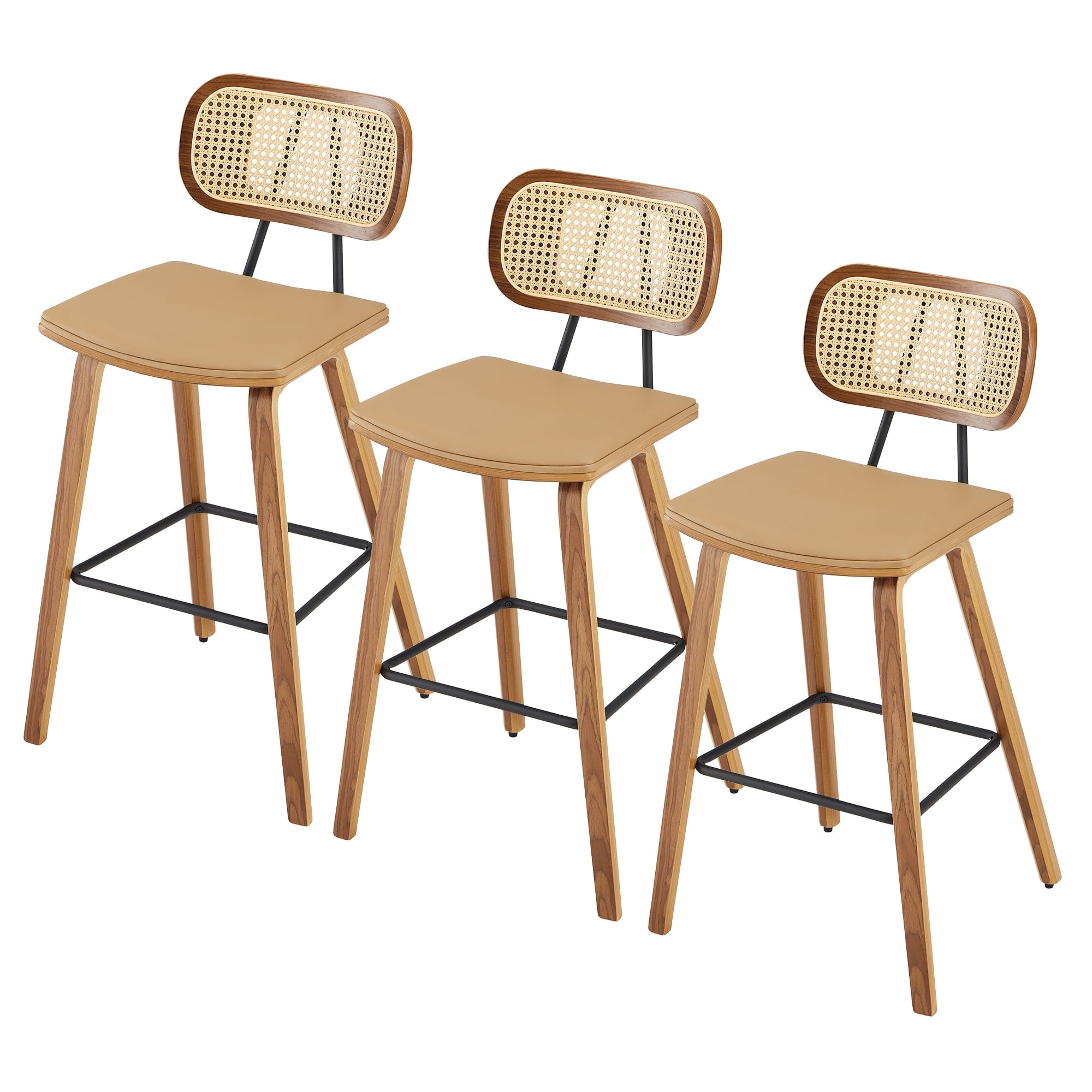 26" Brown PU Leather and Wood Counter Height Bar Stools with Rattan Backrest, Set of 3
