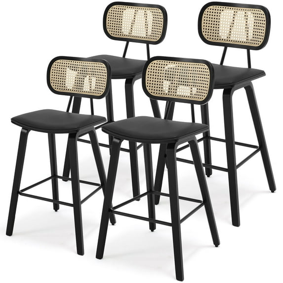 WOOW DEPOT PU Bar Stools 26" Counter Height w/ Rattan Back Set of 4, Modern Black Bent Wood Bartool Leather Upholstered Chair for Kitchen Pub Island Dining Room