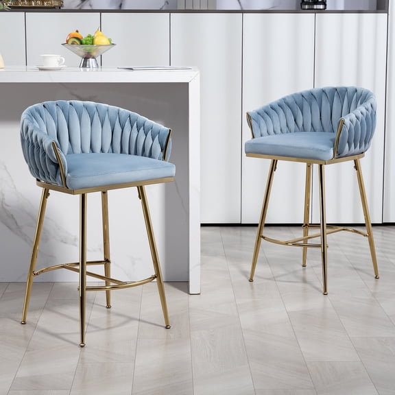 26" Counter Height Bar Stools Set of 2, Grey Velvet Upholstered Bar Chairs with Hand-Wave Back, Golden Chromed Base & Footrest, Modern Kitchen Island Stools(BLUE)