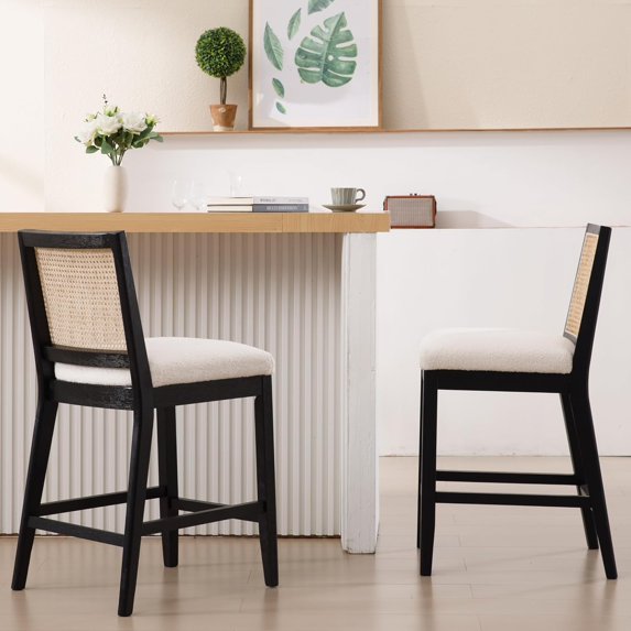 26” Counter Height Bar Stools Set of 2 Mid Century Modern Bar Chairs with Rattan Back & Wood Legs, Upholstered Sherpa Fabric Barstools Island Stools for Kitchen Counter Home Bar, White