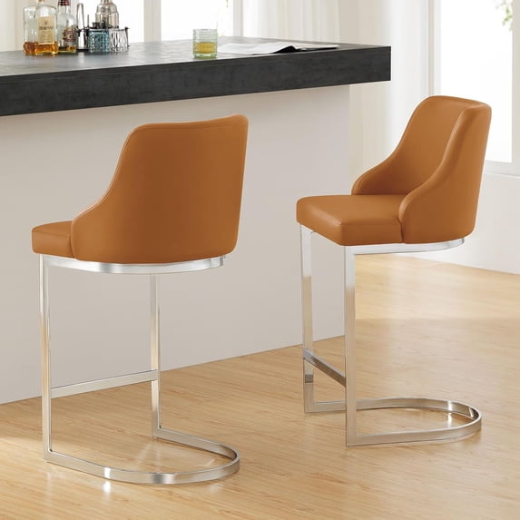 26"Counter Height Bar Stools Set of 2 Modern Bar Stools with Steel U-Shaped Base Certified Faux Leather Upholstered Barstool Dining Chairs Pub Stools for Kitchen Island