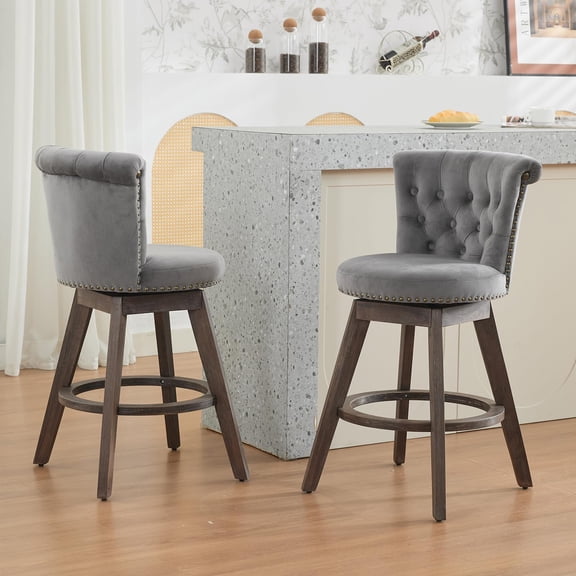 26" Counter Height Bar Stools Set of 2, Modern Velvet Bar Stools, 360° Swivel Stools with Back & Hand - Tufted Button - Trimmed Edges, Upholstered Velvet Stools on Wood Legs for Kitchen Island