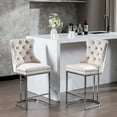 thumbnail image 1 of 26" Counter Height Bar Stools Set of 2, Modern Velvet Barstools with Button Back and Rivet Trim, Upholstered Kitchen Island Chairs with Metal Base Legs, Beige, 1 of 9