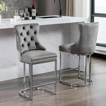 26" Counter Height Bar Stools Set of 2, Modern Velvet Kitchen Island Chairs with Sturdy Chromed Metal Base & Footrest, Upholstered Barstools with Button Back and Rivet Trim for Dining Room Bar, Gray