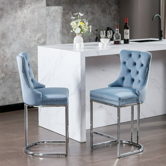 26" Counter Height Bar Stools Set of 2, Modern Velvet Tufted Upholstered Barstools with Button Back & Rivet Trim, Farmhouse Bar Chairs with Sturdy Chromed Metal Base Legs for Kitchen, Light Blue