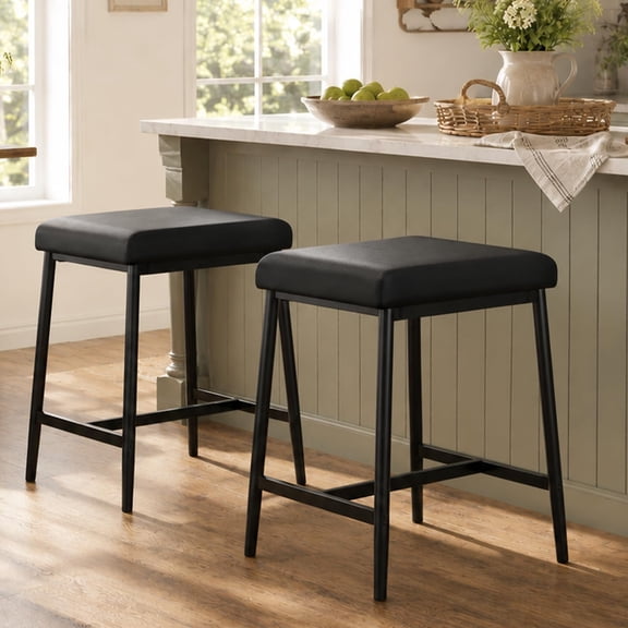 26 in Counter Height Bar Stools Set of 2, Upholstered Square Bar Stools with Backrest, Metal Frame and Footrest, Kitchen Island Bar Chairs for Dining Room, Kitchen, Black