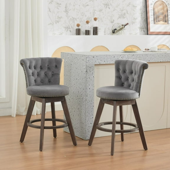 26" Counter Height Bar Stools Set of 2, Upholstered Swivel Barstools with Curved Back and Wood Legs, Modern Kitchen Island Chairs with Rivet Trim for Dining Room, Living Room, Gray