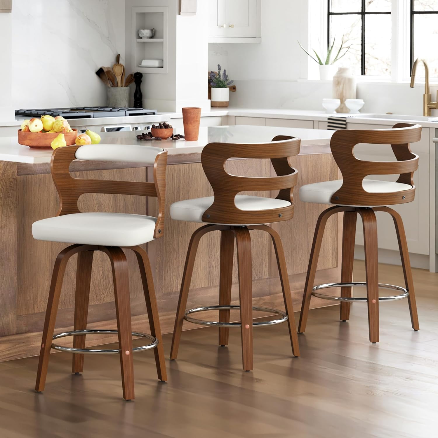 LUE BONA 26 Counter Height Bar Stools Set of 3 Swivel Counter Stools with Back for Kitchen White