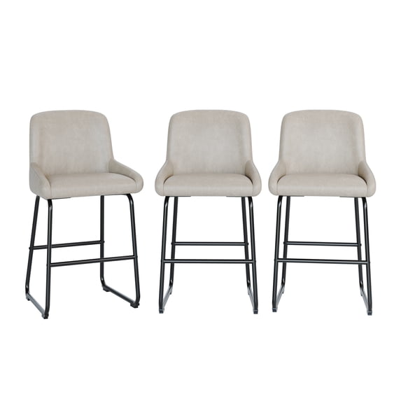 26" Counter Height Bar Stools Set of 3, Faux Leather Upholstered Bar Chairs with Backrest & Footrest, Modern Kitchen Island Bar Stools with Metal Frame, Dining & Counter Stools for Kitchen, Gray