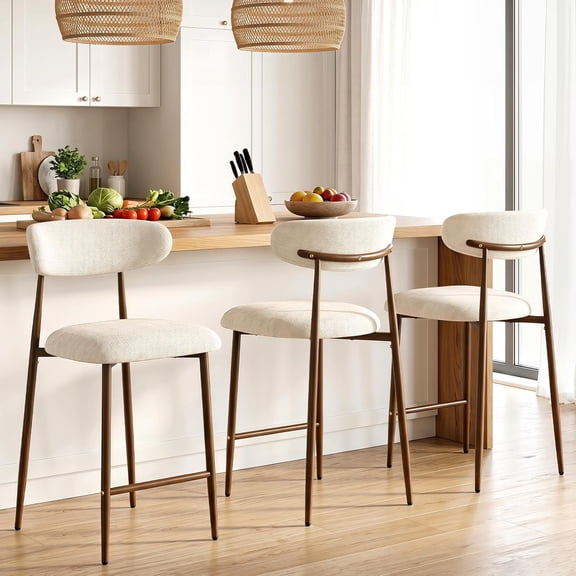 26 Counter Height Bar Stools Set of 3, Mid Century Modern Chenille Barstools with Curved Back and Walnut Wood Grain Metal Legs for Kitchen Island, Bar, Beige(Walunt/Chenille)