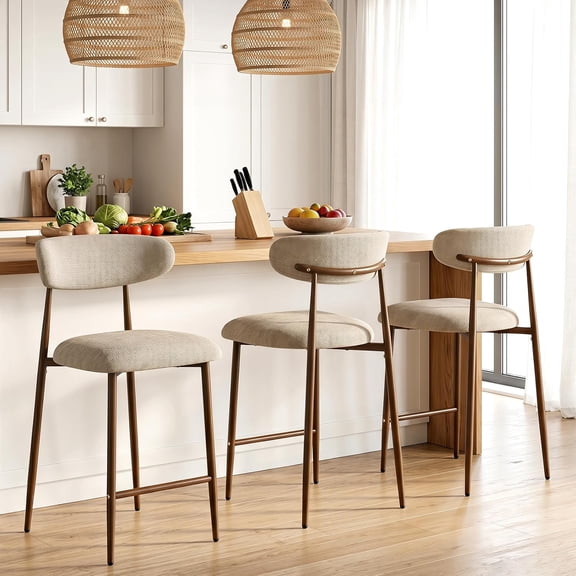 26 Counter Height Bar Stools Set of 3, Mid Century Modern Chenille Barstools with Curved Back and Walnut Wood Grain Metal Legs for Kitchen Island, Bar, Cafe, Camel(Walnut/Chenille)