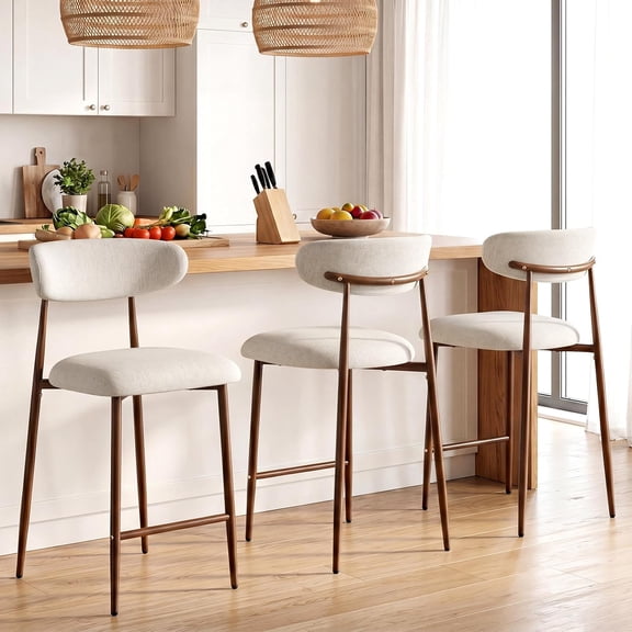 26 Counter Height Bar Stools Set of 3, Mid Century Modern Linen Barstools with Curved Back and Walnut Wood Grain Metal Legs for Kitchen Island, Bar, Cafe, Beige(Walunt/Linen)