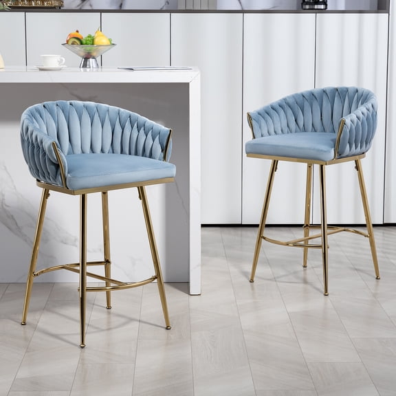 26'' Counter Height Bar Stools Set of 2, Kitchen Island Stool with Hand-Wave Back, Golden Chromed Base and Footrest - Blue
