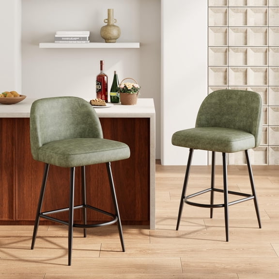 26" Counter Height Bar Stools Set of 2, Upholstered High Chairs with Backs, Metal Legs & Footrest for Kitchen, Pub & Bistro