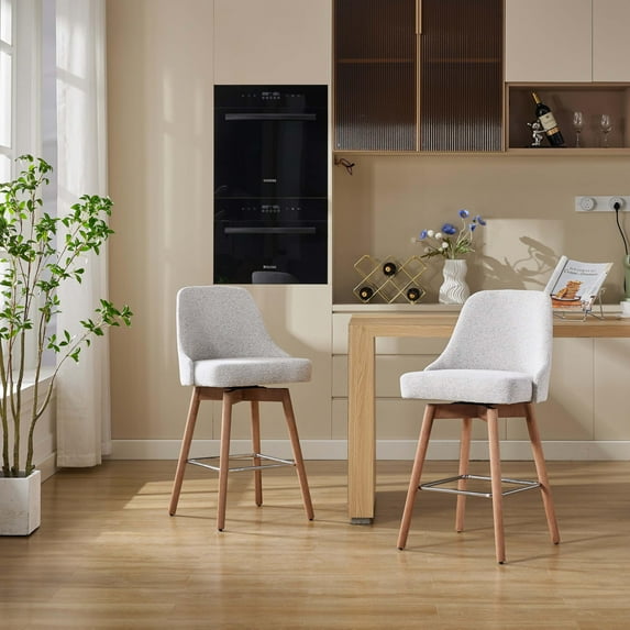 26" Counter Height Swivel Barstool Set of 2, Upholstered Fabric Bar Stool with Back & Wood Leg, 360 Swivel Bar Chairs