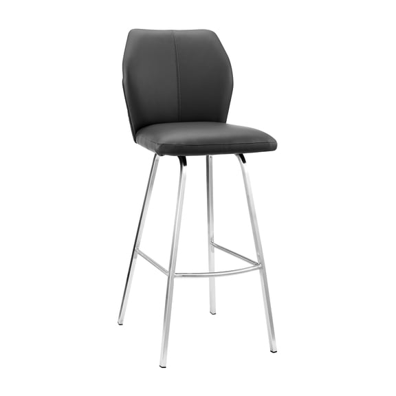 26" Counter Stool In Gray Faux Leather And Metal, Modern Style For Contemporary Dining Rooms With Upholstery Brushed Steel Frame, Elegant