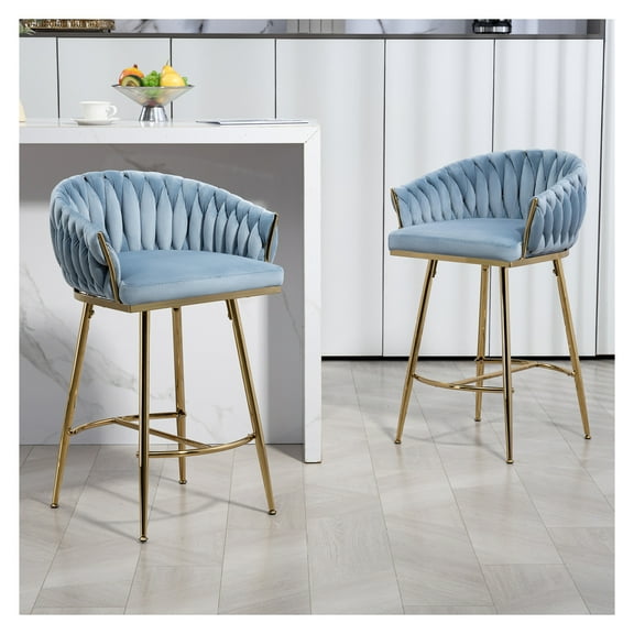 26'' Counter height bar stools Set of 2 kitchen island counter bar stool with hand- back, golden chromed base and footrest(BLUE) Metal + Blue + Kitchen + Modern + Set of 2 + Foam + Velvet