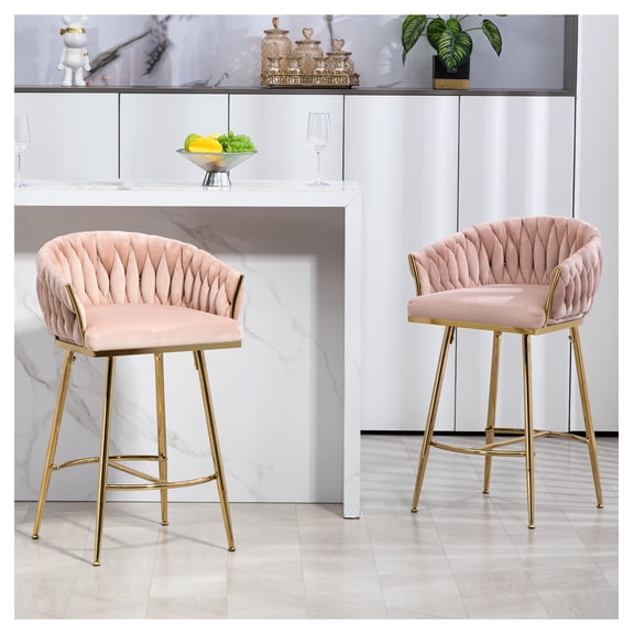 26'' Counter height bar stools Set of 2 kitchen island counter bar stool with hand- back,golden chromed base and footrest(PINK)