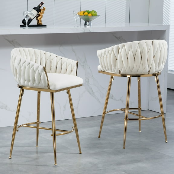 26'' Counter height bar stools Set of 2,velvet kitchen island counter bar stool with hand- wave back,golden chromed base and foot rest(2PCS)