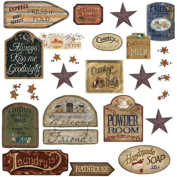 26 Country Signs Wall Decals Brown Gray Stars Laundry Room Bathroom Kitchen Stickers Decor 1.5" L to 8.5" W x 7.5" H