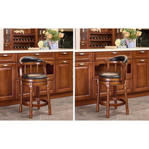26'' Cowhide Leather Swivel Bar Stool with Back - 360 Rotating Wooden Kitchen Counter Chair, Comfortable & Durable, Black (1pc)