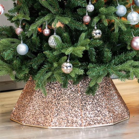 "26" D Foldable Sequin Christmas Tree Collar, Christmas Tree Skirt, Handmade Xmas Tree Stand Base Cover for Christmas Tree Decoration (Rose Gold, Diamond)
