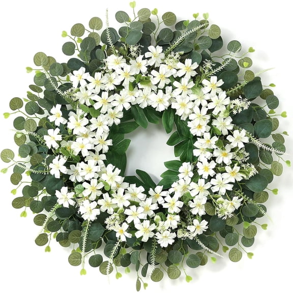 26" Daisy & Eucalyptus Wreath for Front Door, Porch, Window - Large Artificial Silk Flowers Outdoor Wreath for Home, Farmhouse Decor - Spring, Summer, Fall, All Seasons