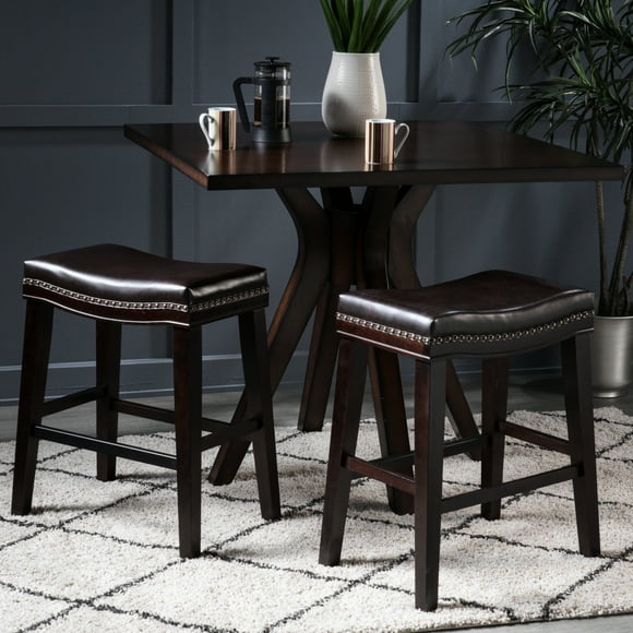 26" Dark Brown Saddle Stools ( Of 2), Cozy Pu Leather Seat, Robust Wooden Build With Rivet Decor 2 Upholstered Stools, Fine Leather, Build, Attractive Features
