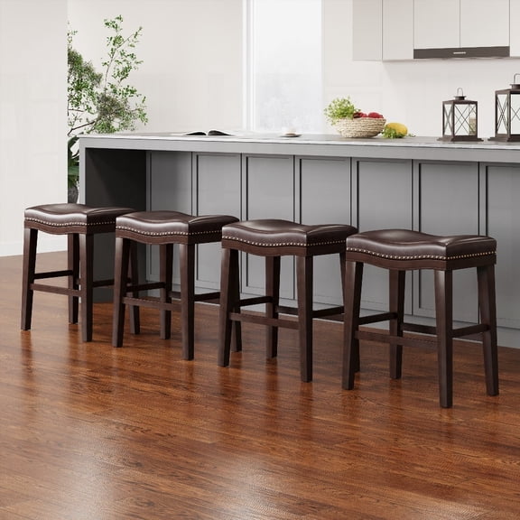 26" Dark Brown Set of 4 Contemporary Upholstered Saddle Counter Stools with Nailhead Trim (Full Solid Wood)