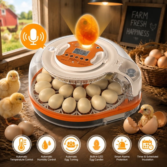 Smart 26-Egg Incubator with Voice Control Automatic Egg Turning Temperature & Humidity Display LED Candling Light
