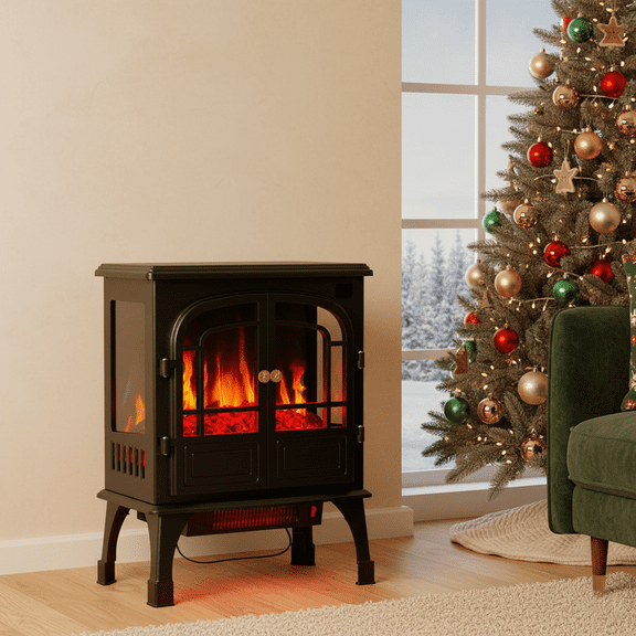 26" Electric Fireplace Freestanding Stove, 3D Flame, Remote Control, Adjustable Heat & 12H Timer, 2 Door Home Heater, Inky