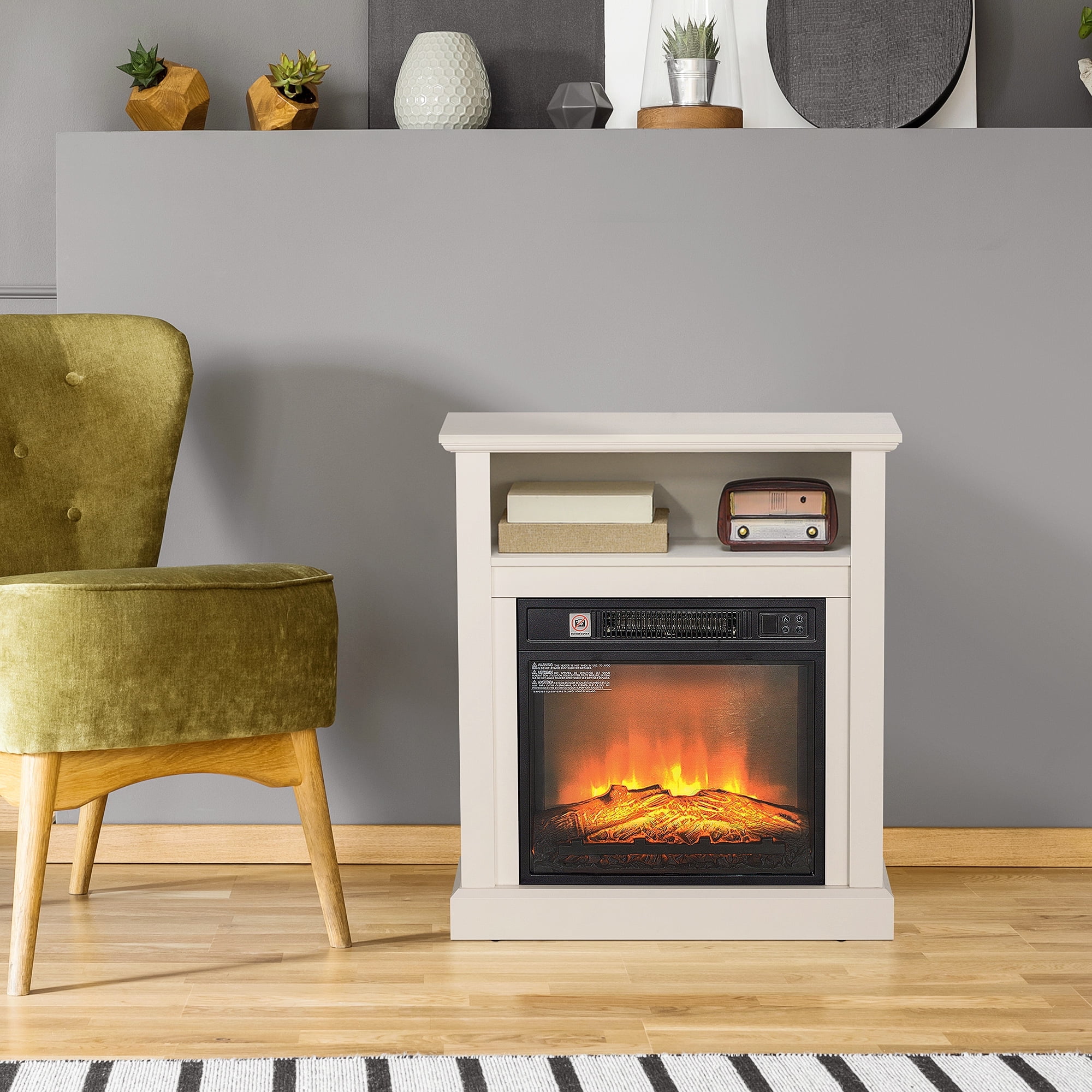26" Electric Fireplace with Mantel, Modern Console Table with Heater and Remote Control, Indoor Small Freestanding Fireplace, Tabletop Fireplace for Living Room, Bedroom