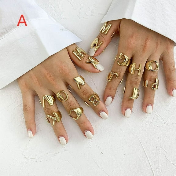 Womens Initial Letter Ring Gold Metal Alphabet Ring A-Z Index Finger Ring European and American Birthday Gift Ring
