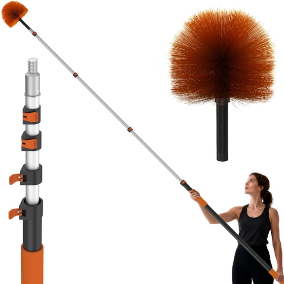 26 FT Cobweb Duster with Extension Pole, Cobweb Duster with 5-20FT Telescoping Extension Pole, Cleans Spider Webs, Washable & Reusable for High Ceilings, Fans & Outdoor & Indoor Cleaning VT1