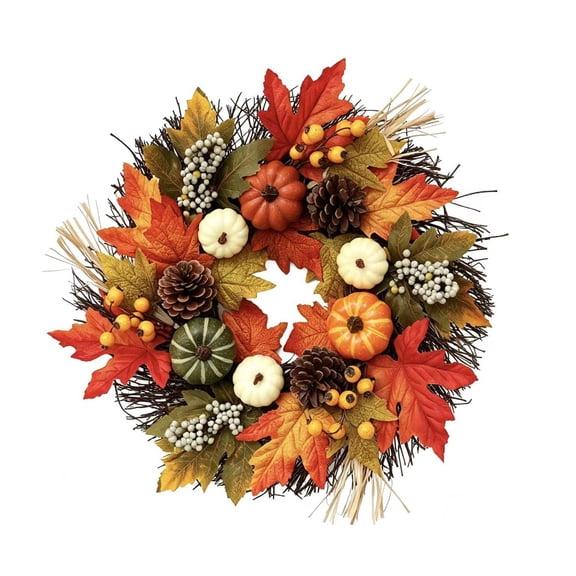 26" Fall Wreath for Front Door, Thanksgiving Pumpkin Wreath with Artificial Maple Leaves, Real Pine Cones & Berries on Grapevine Base, Autumn Harvest Decor for Porch Window Mantel Holiday Display