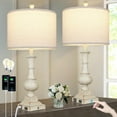 thumbnail image 1 of 26" Farmhouse Table Lamps Set of 2, Rustic Touch Control Bedside Lamps with 2 USB Ports & AC Outlet, Vintage White Resin 3-Way Dimmable Nightstand Lamp Linen Fabric Shade for Living Room Bedroom Decor, 1 of 9