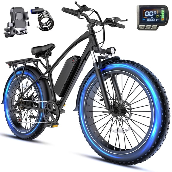 Rexei Yeki 26" Fat Tire EBike, 560W Electric Bike for Adults, 48V 15AH Battery, 28 MPH Max Speed, 7-Speed , 500 lbs, Front Suspension, Dual Disc Brakes, LCD Display, Class3 UL2849