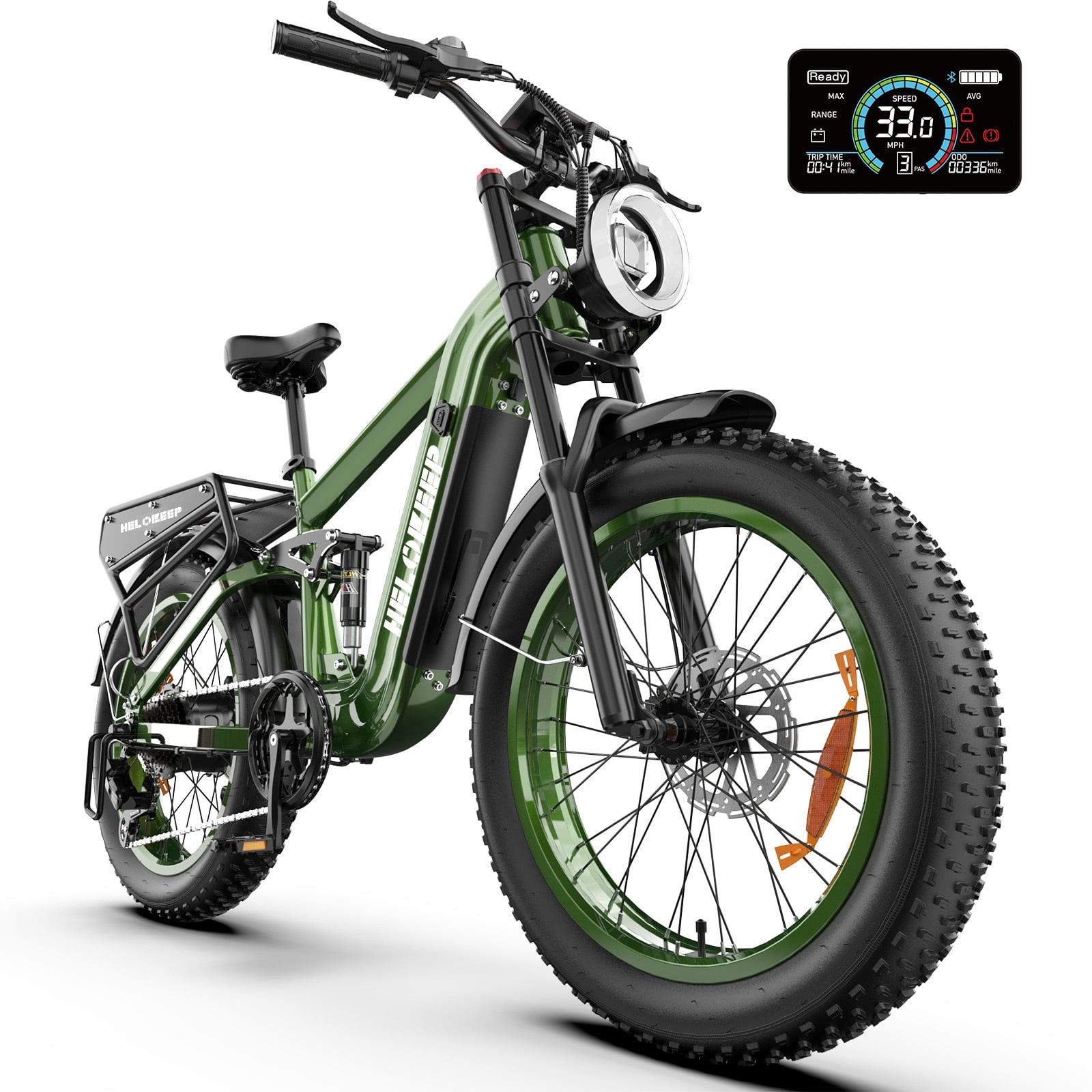 Helokeep 26" Green Fat Tire High Performance Cargo Electric Bike for Men, 4000W Peak 2000W, 40MPH, 48V 25Ah UL2849 Off-Road Ebike