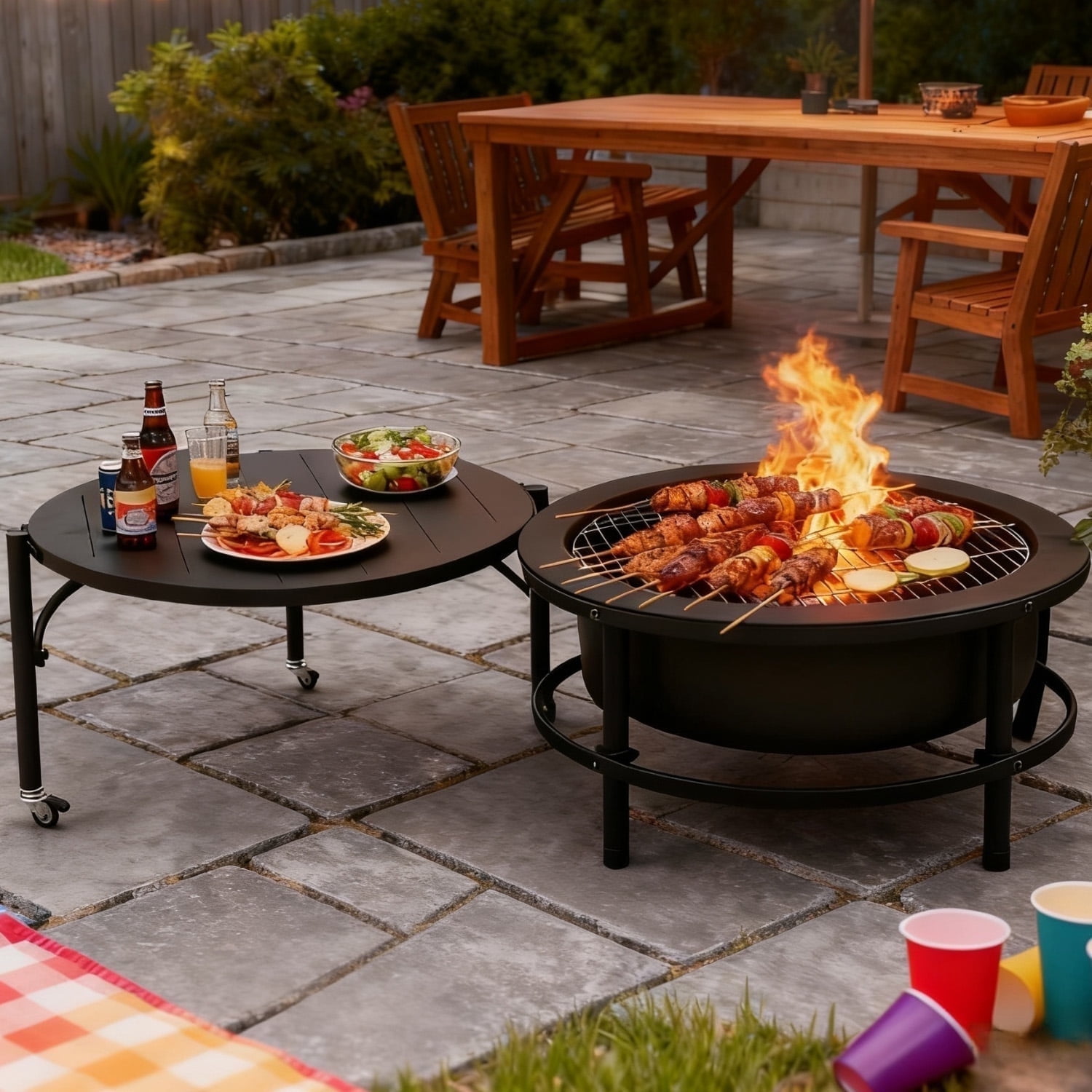 Walmart Saving of  52'' Large Fire Pits for Outside, 4 in 1 Expandable Firepit Stove for BBQ & Party, Cold-Rolled Steel Fire Pit Tables with BBQ Net, Poker, Grill Brush and Protective Cover