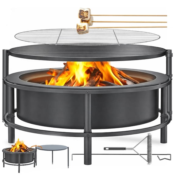 52" Fire Pits for Outside, Foldable Fire Pits with 26" Fire Stove and Table, Cold-Rolled Steel Fire Pit Tables with BBQ Net, Poker, Grill Brush and Protective Cover
